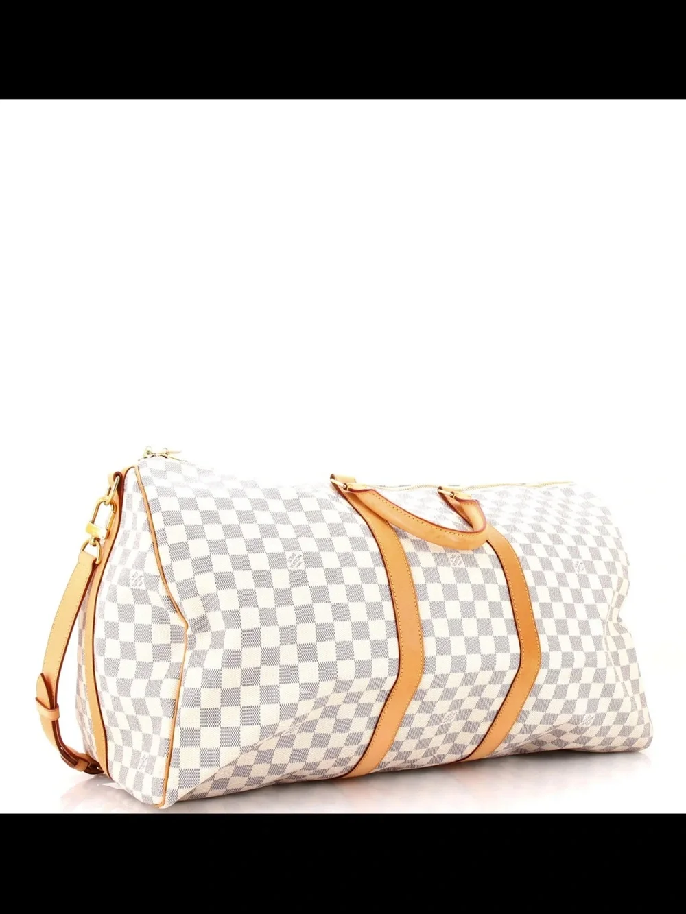 Louis Vuitton White Checkered Keepall 55 Travel Bag with Tan Leather Trim - Picture 1 of 8
